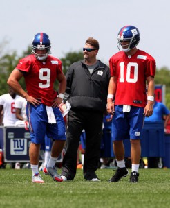 Ryan Nassib (9), Ben McAdoo, and Eli Manning (10), New York Giants (July 22, 2014)