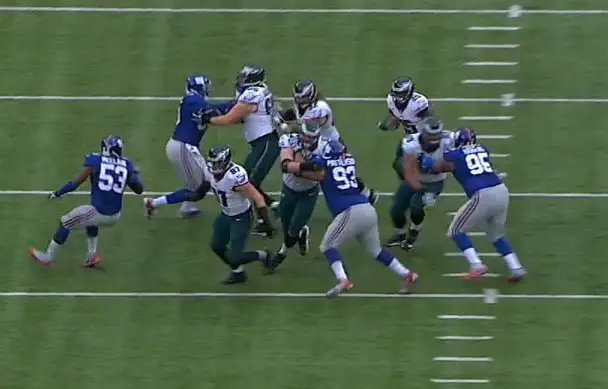 JPP, Patterson, and Hankins blocked; McClain overruns the play.