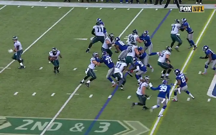 No one outside to stop McCoy on 21-yard gain.