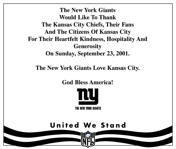 Ad placed by the New York Giants in The Kansas City Star (September 2011)