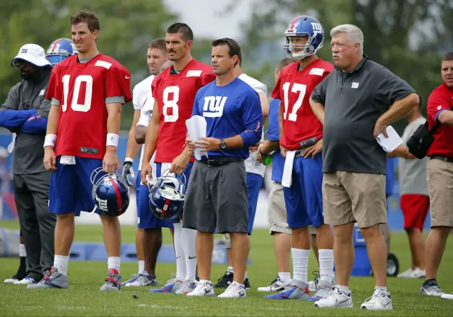 Eli Manning (10), David Carr (8), Sean Ryan, Curtis Painter (17), Kevin Gilbride, New York Giants (July 28, 2013)
