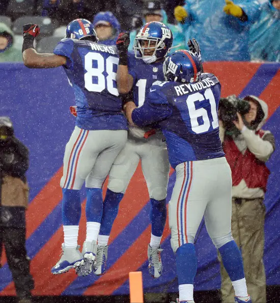 Hakeem Nicks, Jerrel Jernigan, and Dallas Reynolds; New York Giants (December 29, 2013)
