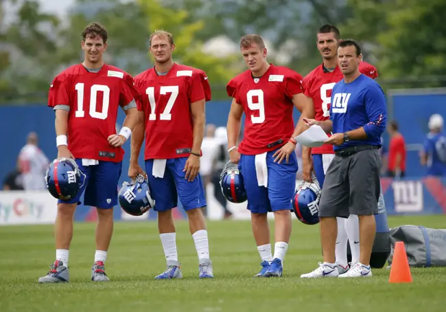 Eli Manning (10), Curtis Painter (17), Ryan Nassib (9), David Carr (8), Sean Ryan, New York Giants (July 28, 2013)