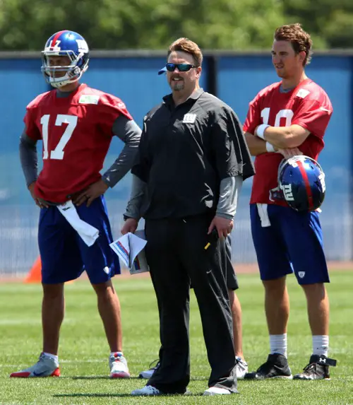 Curtis Painter, Ben McAdoo, and Eli Manning; New York Giants (June 18, 2014)